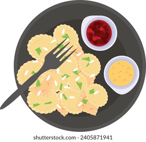 Ravioli with mascarpone sauce and fork concept, stuffed pasta dried mint on top vector icon design, delicious food symbol, authentic local dishes sign, domestic cuisine stock illustration