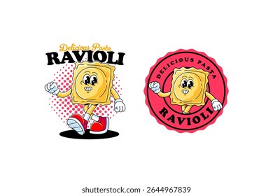 conjunto de caracteres de mascote de ravioli. desenho animado italiano de massas de ravioli em estilo retro. design bonito logotipo de comida de ravioli. personagem de massa animada com ilustração de mascote vintage para logotipo, adesivo ou marca de alimentos