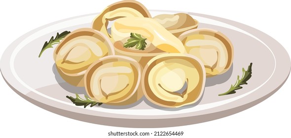 Ravioli with meat and herbs, ruddy dumplings with parsley on a plate, with butter, sour cream and mayonnaise, vector image isolated on white background