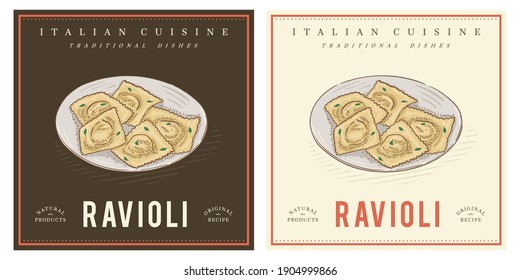 Ravioli on plate vintage illustration