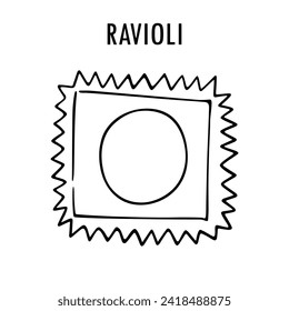 Ravioli pasta doodle food illustration. Hand drawn graphic print of short macaroni type of stuffed pasta. Vector line art food ingredient of Italian cuisine