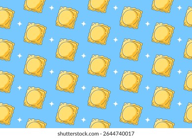 Massa Ravioli com padrão de doodle colorido claro no fundo azul. Italiano ravioli macarrão fundo padrão sem costura. Ravioli isolou papel de parede. Comida, restaurante, comida. Ilustração vetorial