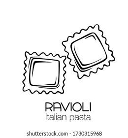 Ravioli pasta outline icon. Italian cuisine drawn badge. Retro style vector illustration.