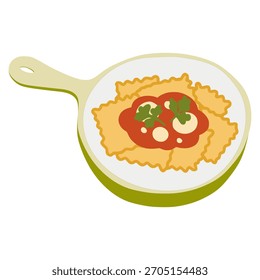 Pasta de ravioles en una sartén para servir, cubierta con salsa de tomate fresco y adorno de hierbas