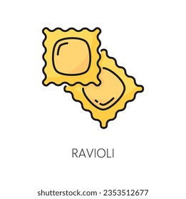 Ravioli or raviolo italian cuisine pasta with filling color outline icon. Vector ravioli squares of flour, enveloped pasta dough, food of Italy