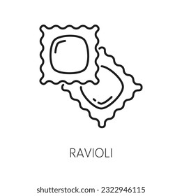 Ravioli or raviolo type of pasta with filling outline icon. Vector enveloped pasta dough, food of Italian cuisine. Ravioli squares of flour