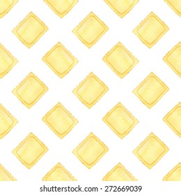 Ravioli. Seamless pattern with Italian pasta. Real watercolor drawing. Vector illustration. Traced painting