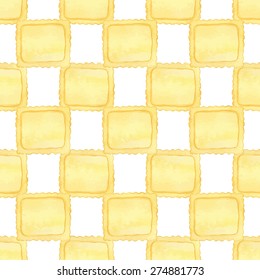 Ravioli. Seamless pattern with italian pasta. Real watercolor drawing. Vector illustration. Traced painting