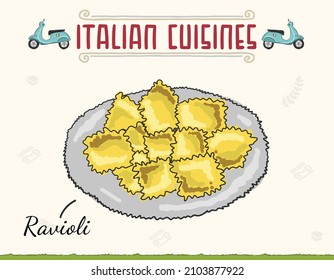 Ravioli steamed pasta in plate. Italian cuisine drawn badge. Italian cuisine. Pasta ravioli. Vector illustration cartoon flat icon isolated on white. Minimal colored isolated vector illustration.
