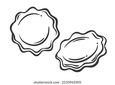 Ravioli, dos dumplings icono de línea. Contorno de pasta rellena dibujada a mano de forma redonda. Comida tradicional en la mascota de la cocina italiana, bola de masa hervida simple con Ilustración vectorial de icono de relleno de ricotta