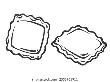 Ravioli, two dumplings line icon. Outline hand drawn stuffed thin pasta dough of square shape. Italian food mascot, simple handmade dumplings for broth or sauce, top view icon vector illustration