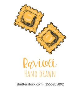 Ravioli type pasta hand drawn vector illustration, isolated sketched pasta shape.
