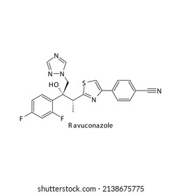 Ravuconazole molecular structure, flat skeletal chemical formula. Azole antifungal drug used to treat Fungal body and skin infections . Vector illustration.