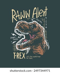 raw alert slogan with graphic dinosaur on grid background gor fashion print