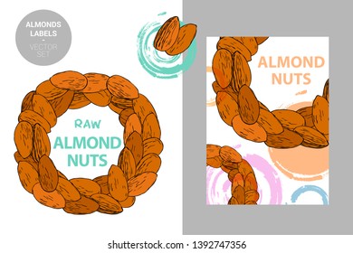 Raw almonds labels. Creative colorful badge with semicircle of nuts. Circle of brown hand drawn almond nuts isolated on white background. Vector nut design elements ready for web and print.