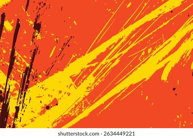 Raw artistic texture featuring chaotic yellow paint splashes and bold dark brush strokes over a warm orange base. An intense, grunge-inspired design full of movement and energy.