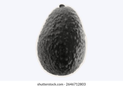 Raw avocado, ripe exotic fruit in halftone modern art style. Cutout from magazine for collage design with grunge texture. Peruvian pear, raw avocado, healthy ingredient. Vector, black and white.