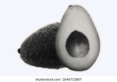 Raw avocado, ripe exotic fruit in halftone modern art style. Cutout from magazine for collage design with grunge texture. Peruvian pear, raw avocado, healthy ingredient. Vector, black and white.