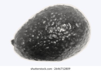 Raw avocado, ripe exotic fruit in halftone modern art style. Cutout from magazine for collage design with grunge texture. Peruvian pear, raw avocado, healthy ingredient. Vector, black and white.