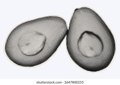 Raw avocado, ripe exotic fruit in halftone modern art style. Cutout from magazine for collage design with grunge texture. Peruvian pear, raw avocado, healthy ingredient. Vector, black and white.