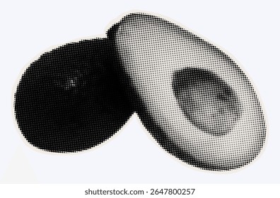 Raw avocado, ripe exotic fruit in halftone modern art style. Cutout from magazine for collage design with grunge texture. Peruvian pear, raw avocado, healthy ingredient. Vector, black and white.