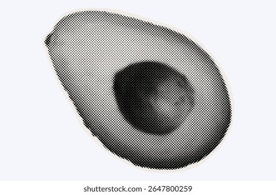Raw avocado, ripe exotic fruit in halftone modern art style. Cutout from magazine for collage design with grunge texture. Peruvian pear, raw avocado, healthy ingredient. Vector, black and white.