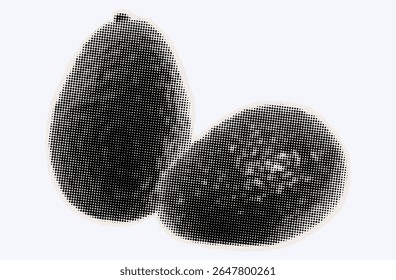 Raw avocado, ripe exotic fruit in halftone modern art style. Cutout from magazine for collage design with grunge texture. Peruvian pear, raw avocado, healthy ingredient. Vector, black and white.