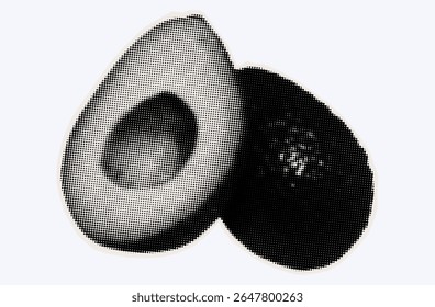Raw avocado, ripe exotic fruit in halftone modern art style. Cutout from magazine for collage design with grunge texture. Peruvian pear, raw avocado, healthy ingredient. Vector, black and white.