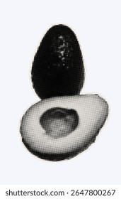 Raw avocado, ripe exotic fruit in halftone modern art style. Cutout from magazine for collage design with grunge texture. Peruvian pear, raw avocado, healthy ingredient. Vector, black and white.