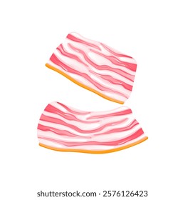 Raw bacon slices in flat design. Butcher product of pork meat and fat. Vector illustration isolated.