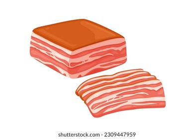 Raw bacon slices flat vector illustration. Tasty breakfast meal ingredient isolated clipart.