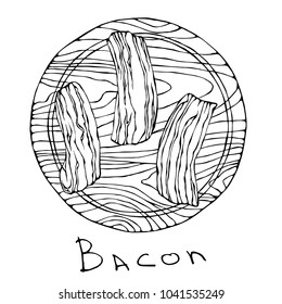 Raw Bacon Slices on a Round Wooden Cutting Board. Beef Cut. Meat Guide for Butcher Shop or Steak House Restaurant Menu. English Breakfast Ingredient. Hand Drawn Illustration. Savoyar Doodle Style.
