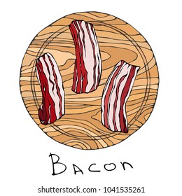 Raw Bacon Slices on a Round Wooden Cutting Board. Beef Cut. Meat Guide for Butcher Shop or Steak House Restaurant Menu. English Breakfast Ingredient. Hand Drawn Illustration. Savoyar Doodle Style.