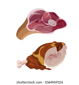 Raw and baked pork knuckle. Vector illustration isolated on white background