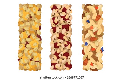 Raw Bars or Sweet Granola Bars with Dried Fruits and Nuts Vector Set