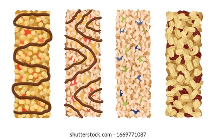 Raw Bars or Sweet Granola Bars with Dried Fruits and Nuts Vector Set