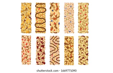 Raw Bars or Sweet Granola Bars with Dried Fruits and Nuts Vector Set