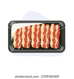 Carne de res cruda cortada en rodajas en bandeja envuelta carne de res fresca cortada