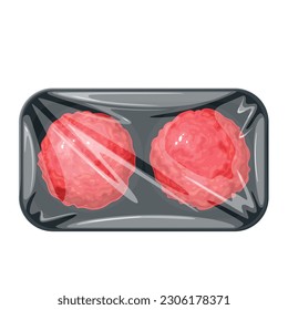 Raw beef burger patty in pack vector illustration. Cartoon isolated fresh or frozen portion of ground meat in package for cooking hamburger, patty in supermarket container with polyethylene wrap