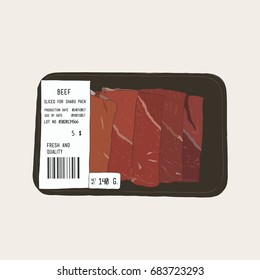 Raw beef meat in the package. Vector Illustration .