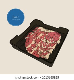 Raw beef meat sliced in tray. Vector hand draw  Illustration 