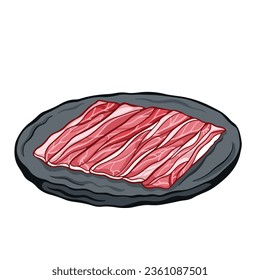 Raw beef sliced thin for bbq grilling food ingredients on top of stone plate vector illustration outlined isolated on square white background. Simple flat cartoon art styled food drawings.