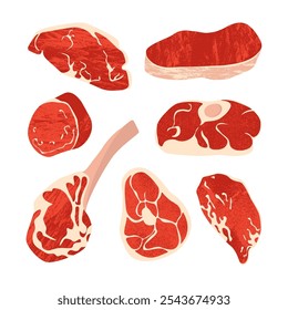 Cortes de carne cruda. Productos cárnicos de carnicería, filetes de lomo de solomillo de dibujos animados planos, filete de marmoleado angus, alimento proteico saludable. Conjunto aislado de Vector.