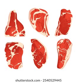 Elementos de carne cruda. Caricaturas planas de productos cárnicos crudos, filetes de tribeye de solomillo de angus, proteína de filete muscular en carnicería. Conjunto aislado de Vector.