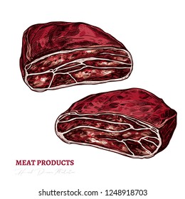Raw beef steak, ham, pork or jamon vector hand drawn sketch illustration. Pieces of red natural farm meat. Graphic art for reastaurant or café menu