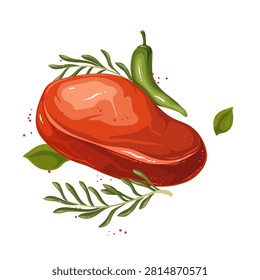Raw beef steak with marbled meat, green chili, basil leaves and herb sprigs. Menu, butcher shop and food packaging designs feature raw beef steak, cartoon vector illustration.