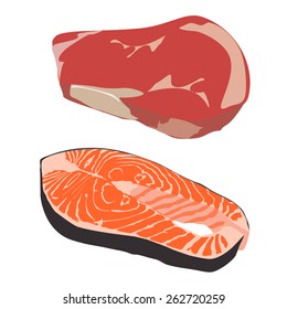 Raw beef steak and salmon fish steak vector isolated, fish fillet 
