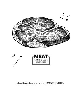 Raw beef steak vector drawing. Red meat hand drawn sketch. Engraved food illustration. Vintage object. Butcher shop product. Great for label, restaurant, barbecue menu