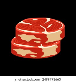 Raw beef steak vector isolated in black background. Meat illustration vector. Cartoon isolated fresh organic meat