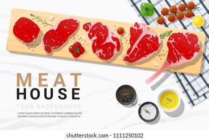 Raw beef steaks, tenderloin, strip loin, rib eye, t-bone and tomahawk with seasoning on wooden cutting board on marble stone background, vector, illustration